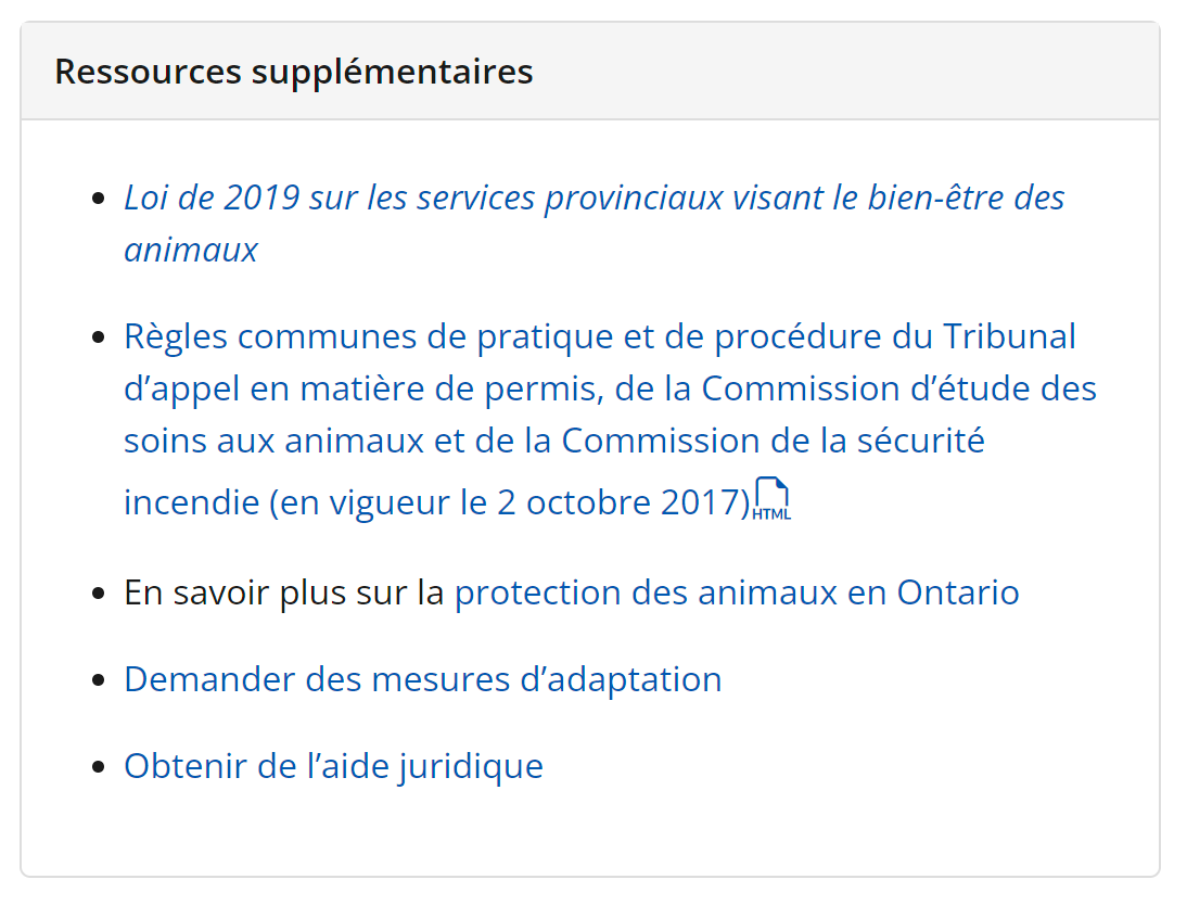 La vignette « Ressources supplémentaires » de la page « Appels, requêtes et processus d'audience » de la Commission d'étude des soins aux animaux, qui comprend une liste à puces de liens vers d'autres ressources, comme « Obtenir de l'aide juridique ».